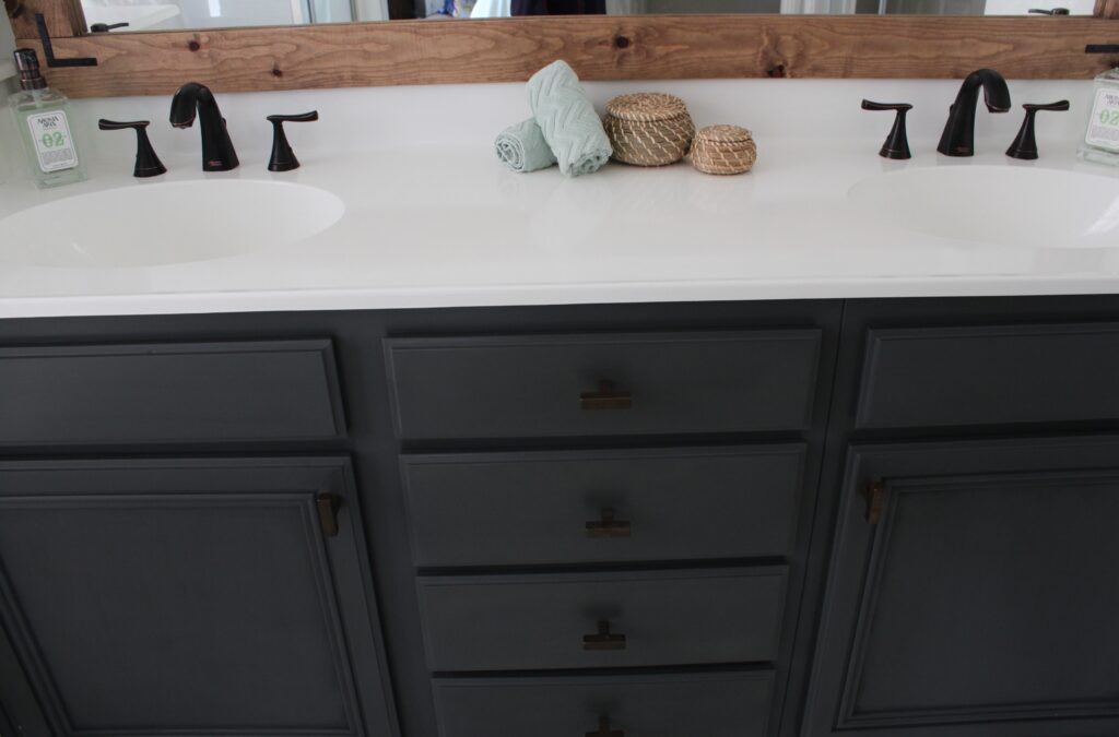 How to Refinish Bathroom Countertops: a Step by Step Tutorial featured by top US DIY blog, Domestic Blonde