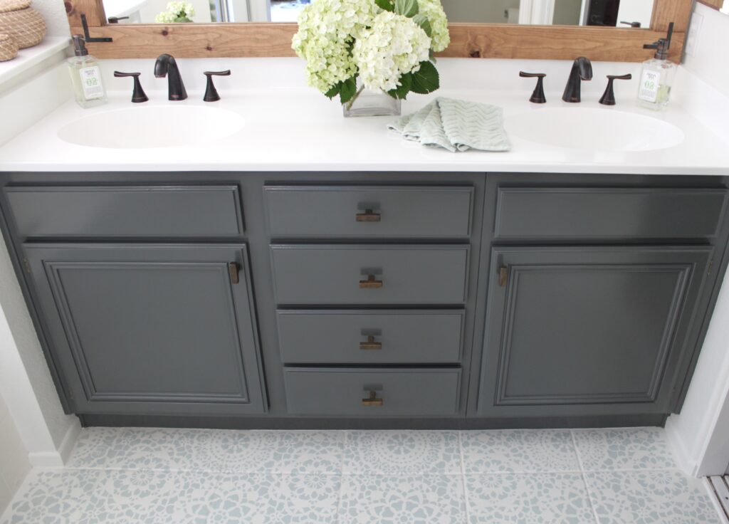 Dark Gray Vanity Cabinet In Bathroom