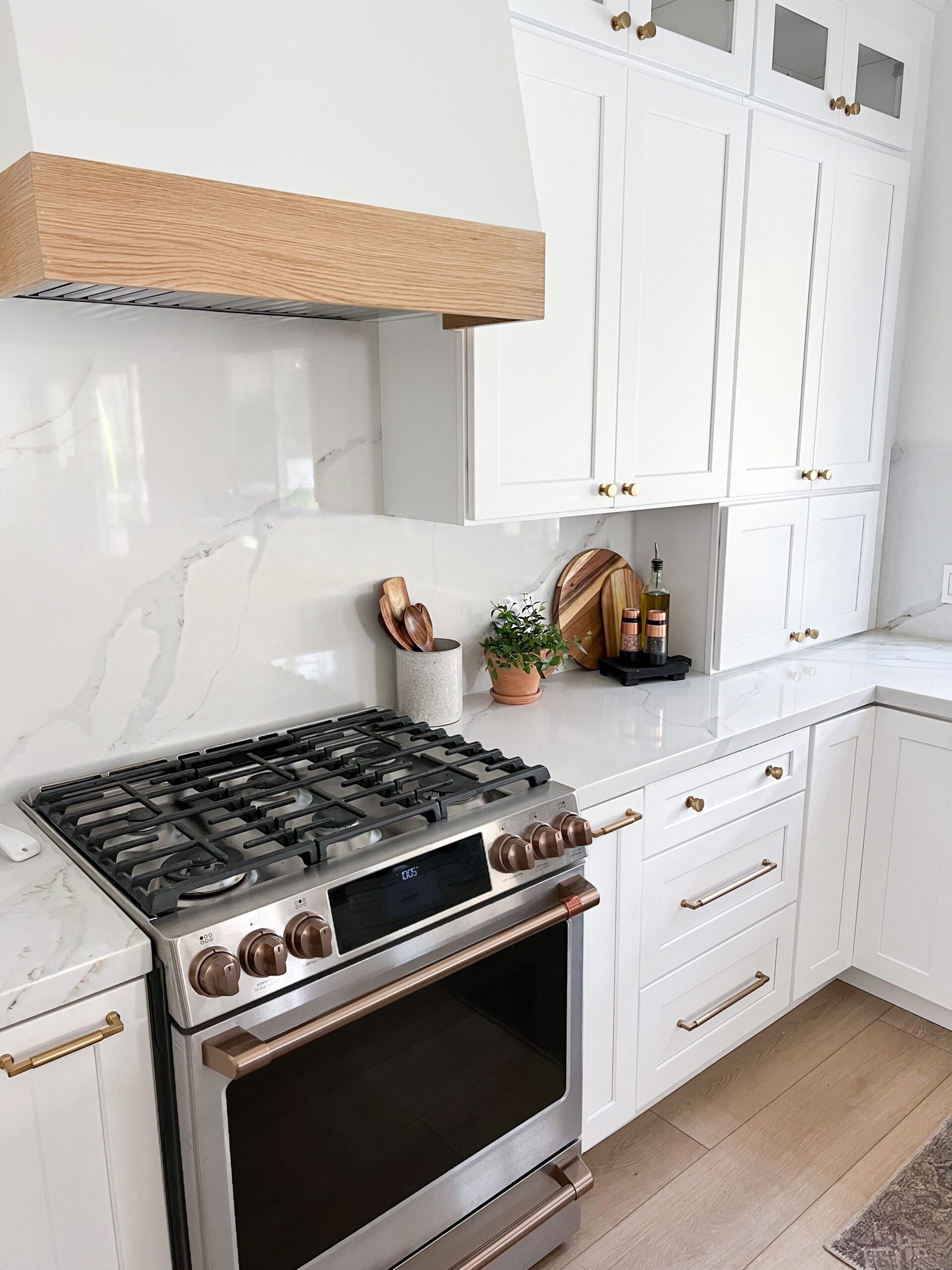 kitchen remodel
Brushed bronze cafe hardware appliance 
gold cabinet handles